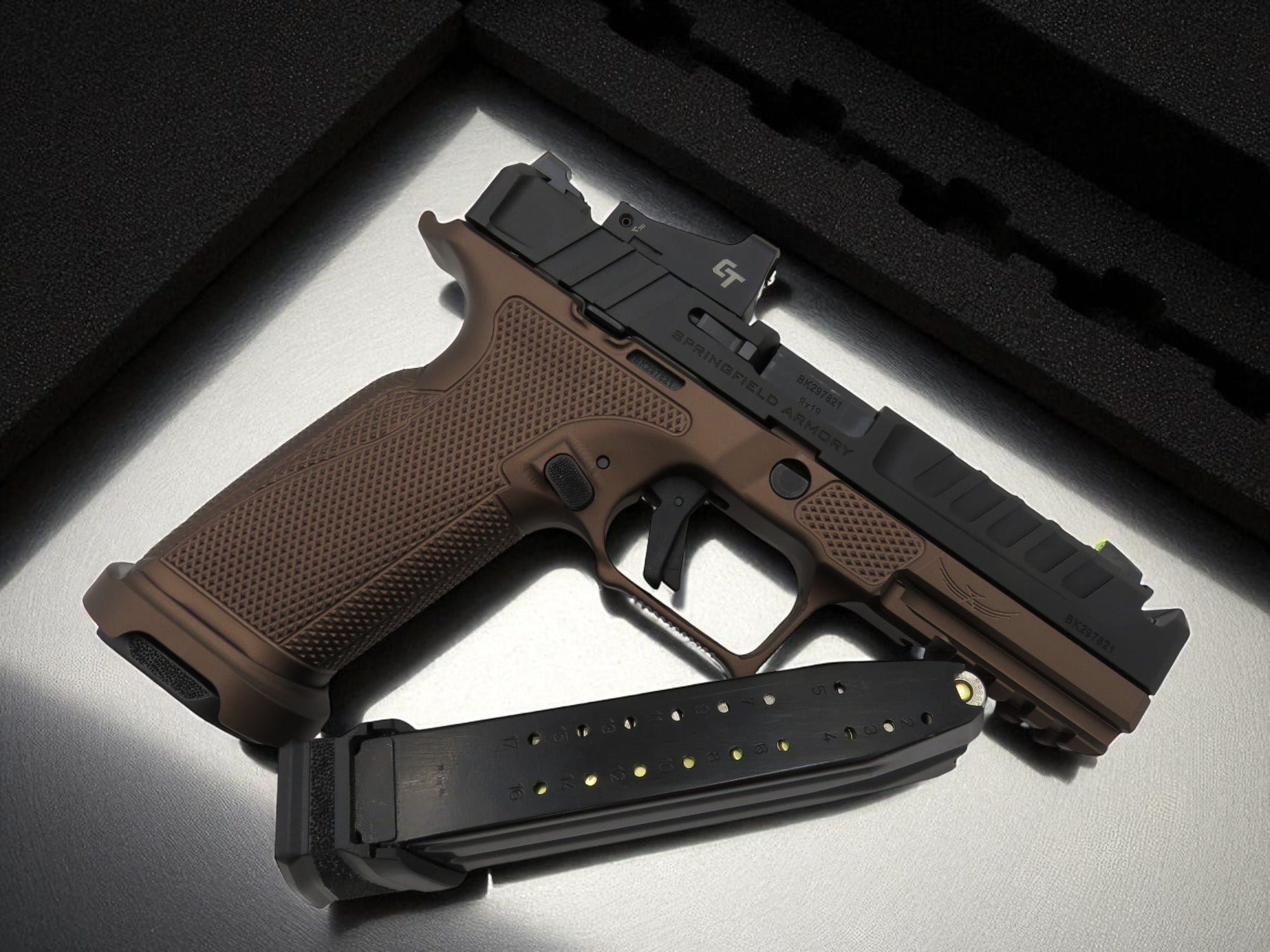 Modified New Springfield Armory Echelon Chunk Port w/ Icarus Frame FDE, Magwell 4.5" 9mm
