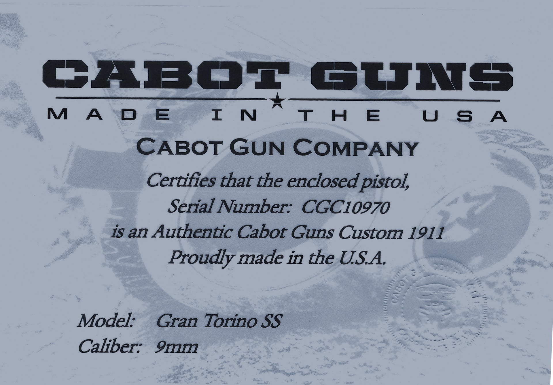 Cabot Guns The Gran Torino SS 9mm only ONE of 030 - SK Guns