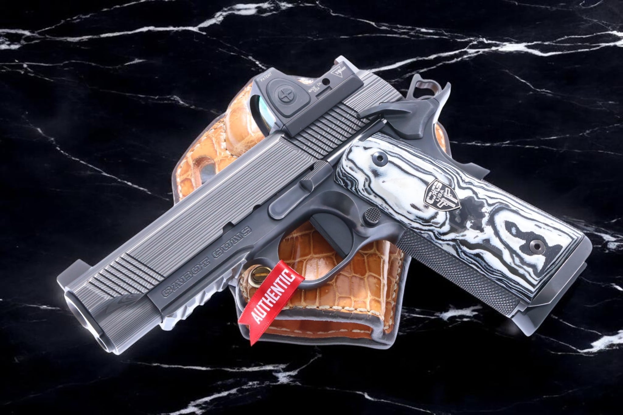 Cabot Guns Damascus Apocolypse Commander 45acp Zebra Carbon Fiber Grips