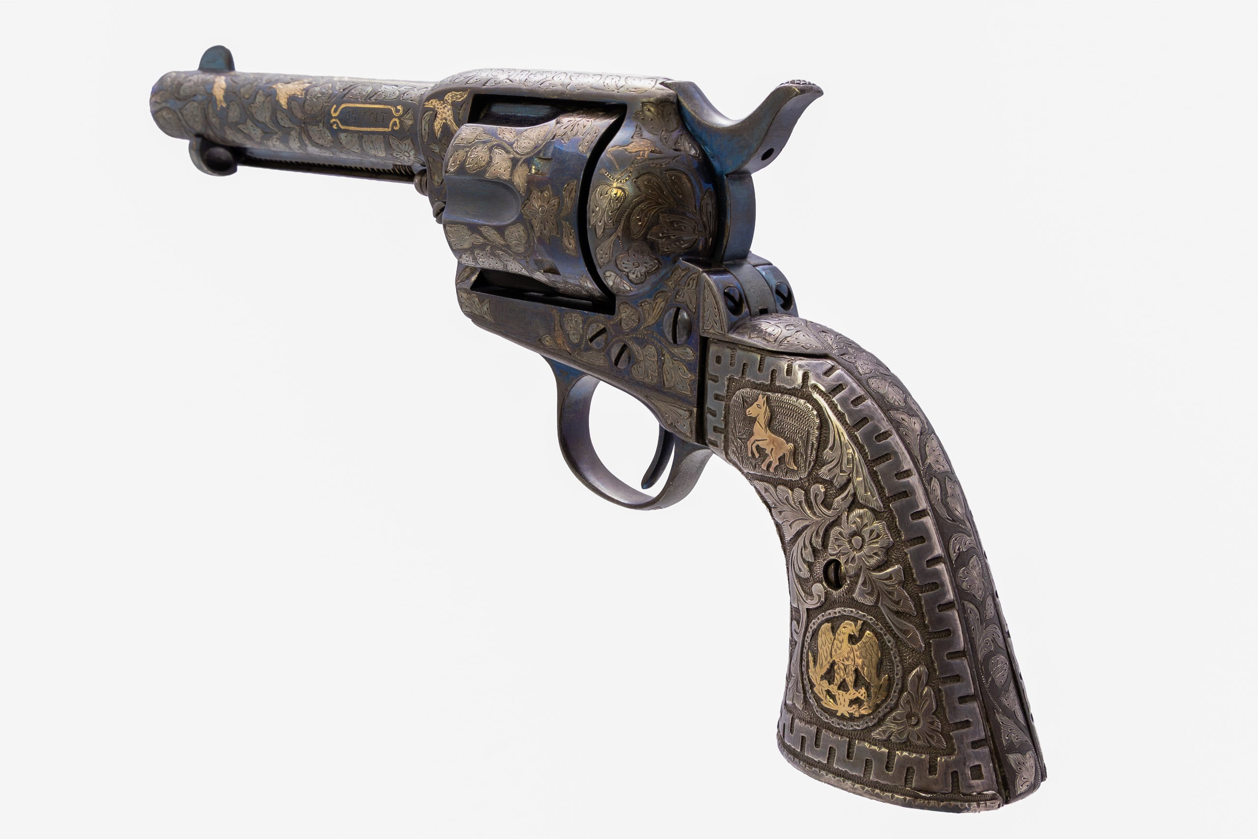 Pre-Revolution First Generation Mexican Charro/Tiffany Engraved Colt SAA 4.75" 45LC Set - Image 4